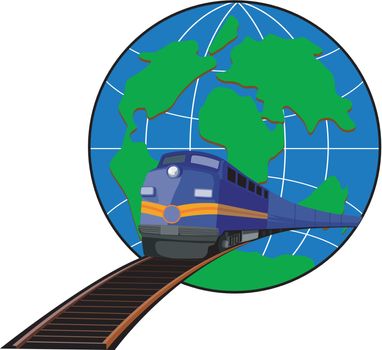Illustration of a train heading front with globe in the background done in retro style. 