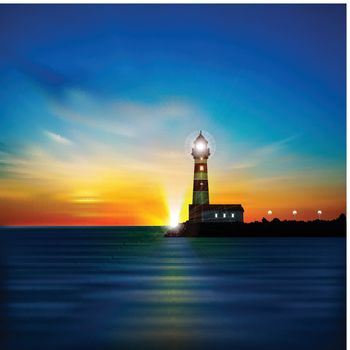 abstract blue background with sunrise and lighthouse