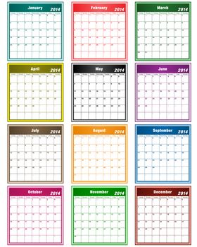 Calendar 2014 in assorted colors with large date boxes. Each month a different color.