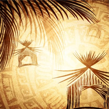Vintage Tropic Background With Abstract Bungalow and Palms