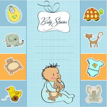 baby shower card with little baby boy, vector illustration