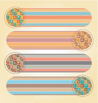 Conceptual banners of social networking with spheres and  web icons in four retro color combinations