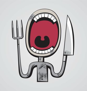 Grotesque hungry man with big throat and fork and knife instead of hands