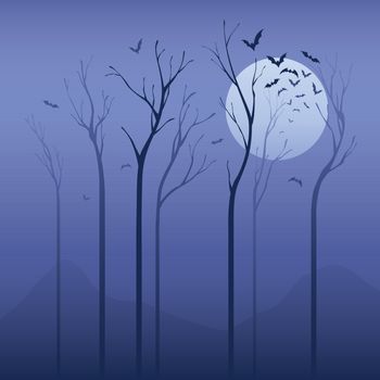 Halloween concept:  Dried tree in the night with bats.  Applied in soft colour, can be use as halloween background.