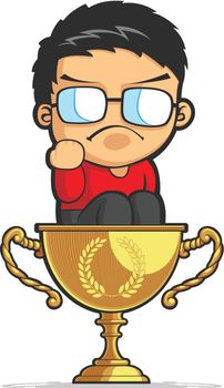A vector image of a kid sitting in a golden trophy and making a fist as a symbol of success. Drawn in cartoon style, this vector is very good for design that need achievement element in cute, funny, colorful and cheerful style.

Available as a Vector in EPS8 format that can be scaled to any size without loss of quality. Elements could be separated for further editing, color could be easily changed.