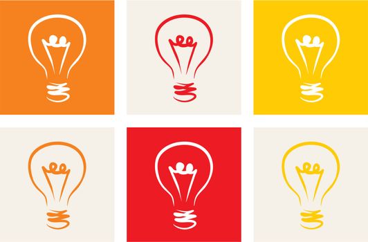 Light bulb vector icon set - hand drawn colorful doodle collection isolated on beige, red, orange and yellow background. Sign or logo of creative invention