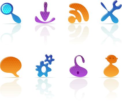 Set of funny icons for website and blog: search, download, RSS, tools, conversation, settings, security, user. Vector illustration.