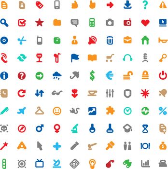 Set of one hundred multicolored icons for website interface, business designs, finance, security and leisure. Vector illustration.