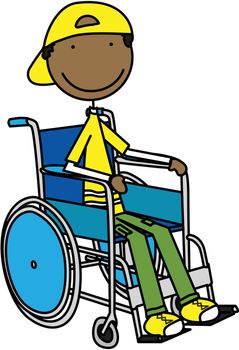 Illustration of a smiling boy sitting in a wheelchair