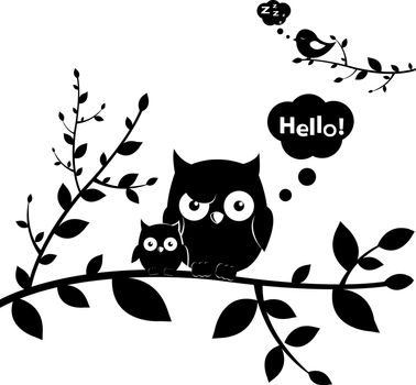 2 Owls, Isolated On White Background, Vector Illustration