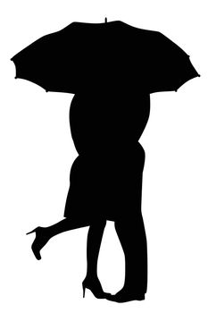 A courting couple, silhouette in the rain, kissing under an umbrella, during a downpour of rain.