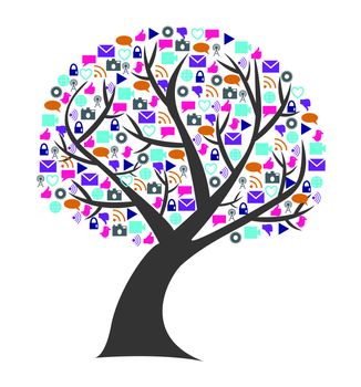 Social technology and media tree with the leafs replaced by small networking icons in bright colors