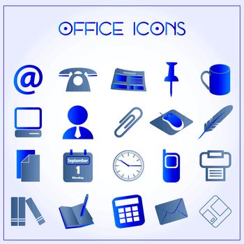 Vector illustration of office icons on white-blue background