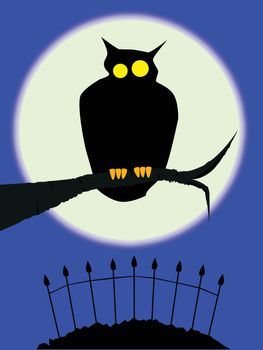 An owl in a cemetery with fence set against the full moon.