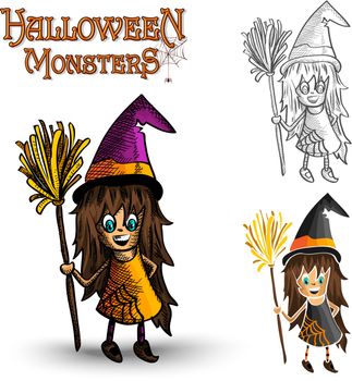 Halloween monsters spooky young witches set. EPS10 Vector file organized in layers for easy editing.