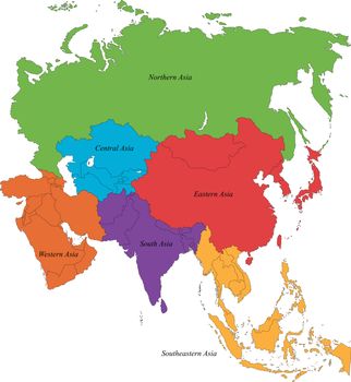 Colorful Asia map with six regions