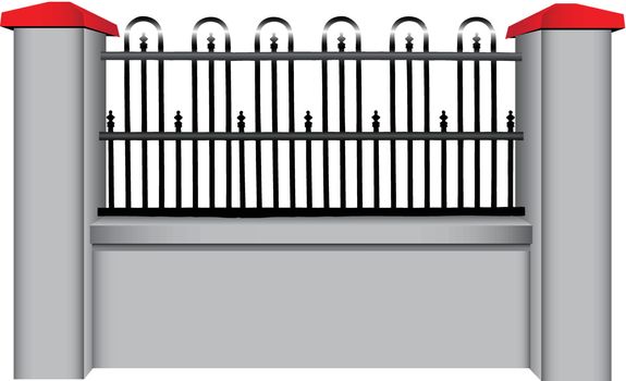 The segment of the concrete fence with openwork steel insert. Vector illustration.