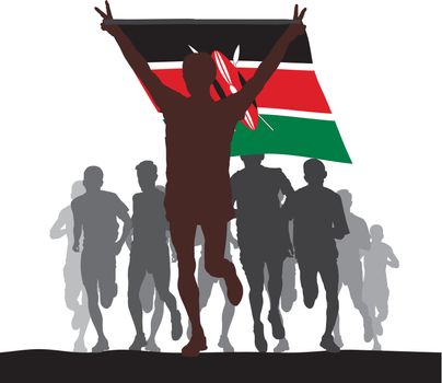 Illustration silhouettes of athletes, runners at the finish, winner holding Kenya flag overhead