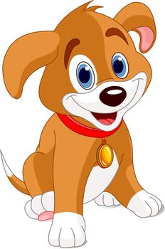 Illustration of a cute puppy, wearing a red collar with a dog tag.