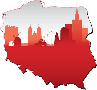Poland map in flag colours and symbols of business and history of state