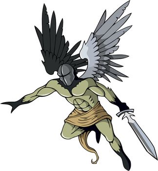 Angel of death with sword, flying, vector illustration