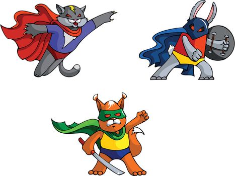 Funny animals superheroes – cat, rabbit and squirrel, mock vector illustration