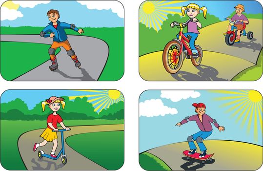 Children riding different vehicles and equipment, vector illustration