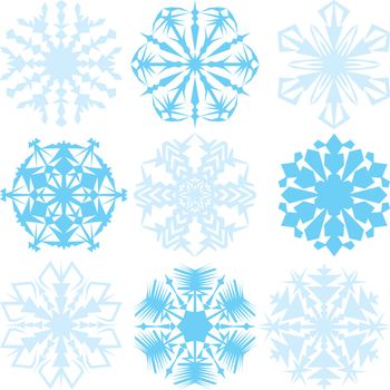 Set of nine illustrated snowflakes - design elements

