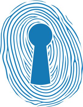 Vector illustration of a human thumbprint or fingerprint superimposed over a keyhole lock conceptual of safety, security and verification of a personal identity to gain access