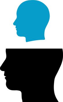 Conceptual illustration of a head released out of a head with the silhouettes of two male heads one above the other with the larger bottom head missing the cranium as though replicating itself