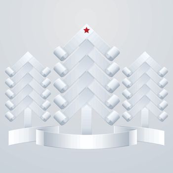 three white paper Christmas tree with a red star and ribbon