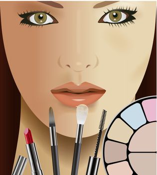 Vector Beautiful Woman and Makeup Kit, Eps 10 Vector, Gradient Mesh and Transparency Used