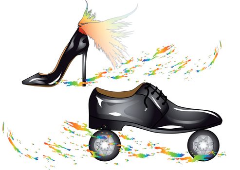 humorous fashion shoes with wings on wheels