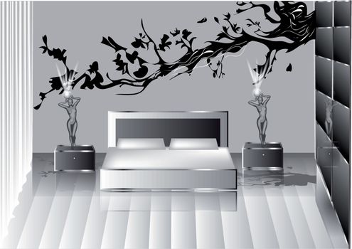 grey modern bedroom. vector background in 10 EPS