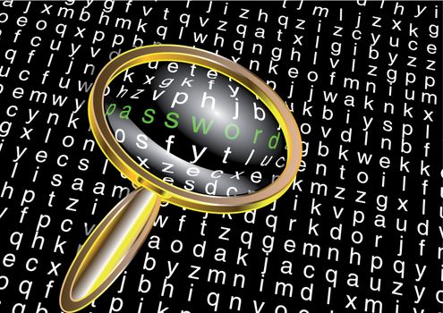 internet password. magnifying glass and the letters on a black background