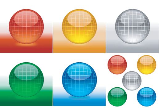 Glossy Sphere With 3d Grid Pattern - Colored Illustration Set, Vector
