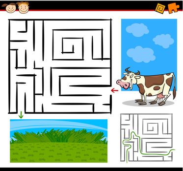 Cartoon Illustration of Education Maze or Labyrinth Game for Preschool Children with Funny Cow Farm Animal