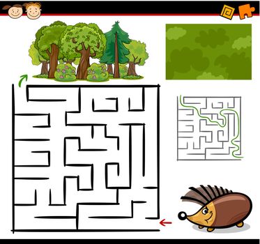Cartoon Illustration of Education Maze or Labyrinth Game for Preschool Children with Funny Hedgehog Animal