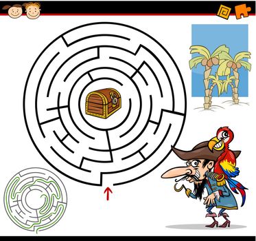 Cartoon Illustration of Education Maze or Labyrinth Game for Preschool Children with Funny Pirate with Parrot and Treasure