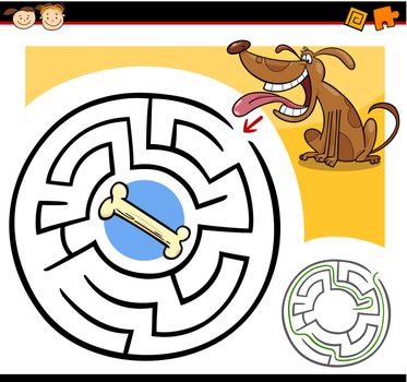 Cartoon Illustration of Education Maze or Labyrinth Game for Preschool Children with Funny Dog and Dog Bone