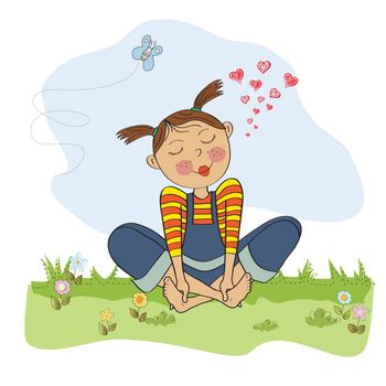 romantic girl sitting barefoot in the grass, vector illustration