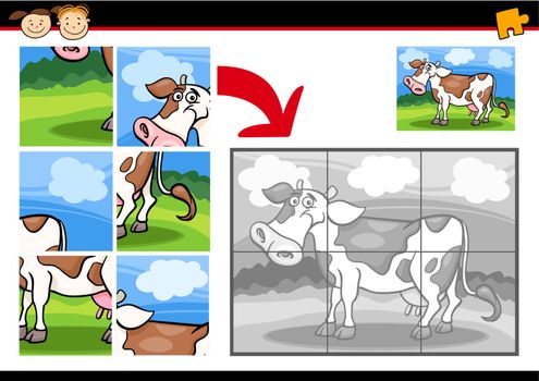 Cartoon Illustration of Education Jigsaw Puzzle Game for Preschool Children with Funny Cow Farm Animal