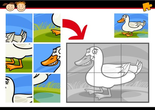 Cartoon Illustration of Education Jigsaw Puzzle Game for Preschool Children with Funny Duck Farm Bird