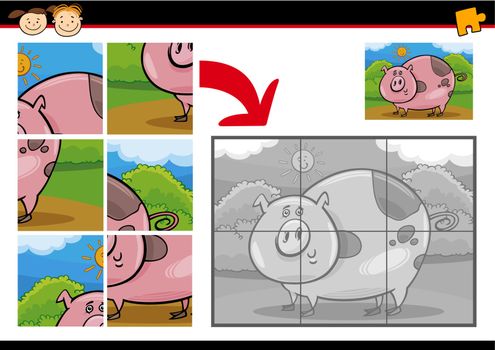 Cartoon Illustration of Education Jigsaw Puzzle Game for Preschool Children with Funny Pig Farm Animal