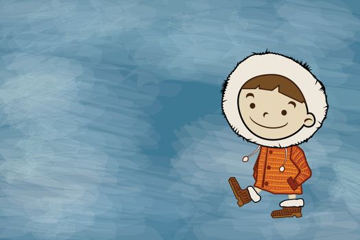 Winter boy, copy space. Funny cartoon character and vector illustration