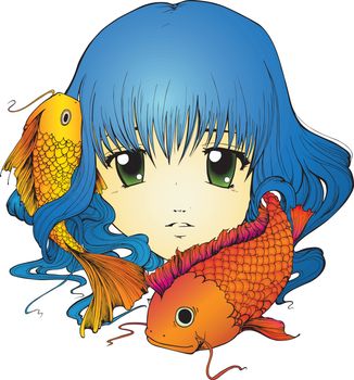 Anime girl with koi carp in long blue hair
