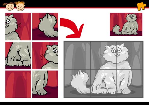 Cartoon Illustration of Education Jigsaw Puzzle Game for Preschool Children with Funny Persian Cat