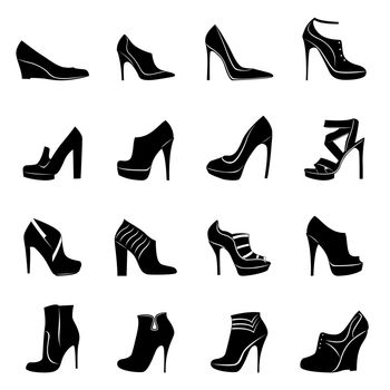 Set of sixteen different models of stylish women footwear, black and white, hand drawing silhouette vector illustration