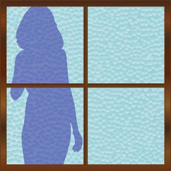 A square bathroom window with hammered bathroom glass showing the silhouette of a woman.