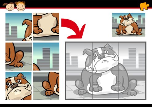 Cartoon Illustration of Education Jigsaw Puzzle Game for Preschool Children with Funny Bulldog Dog